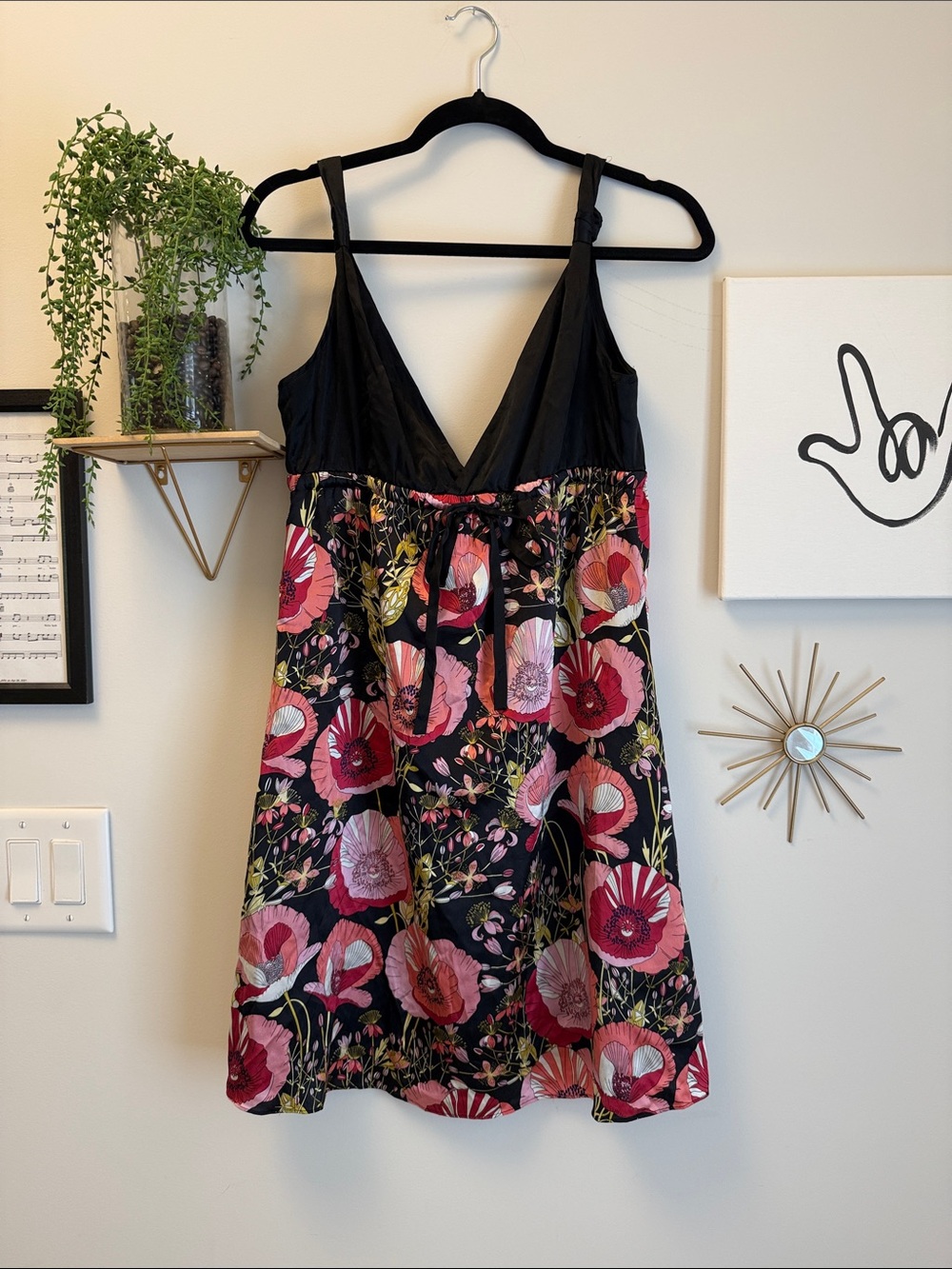 Vintage Guess Jeans Black & Pink Floral Babydoll Dress